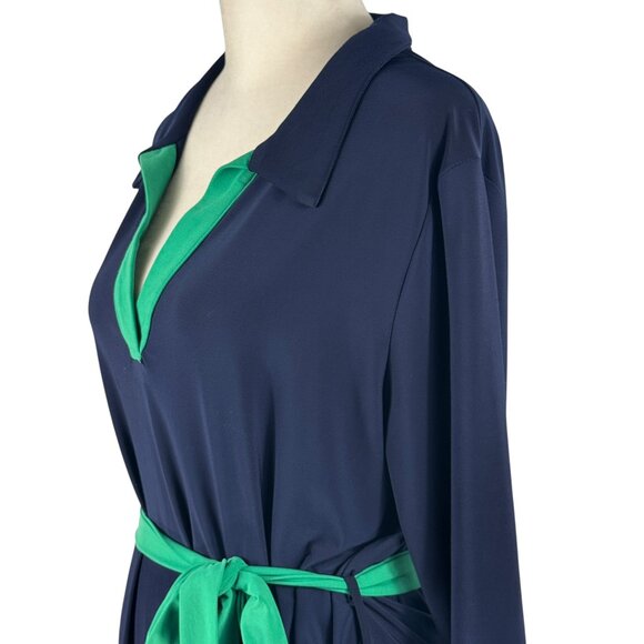 Birdie James Authentic Chic Navy Blue & Green Trim Wrinkle-Free Dress Size Med - Picture 6 of 7